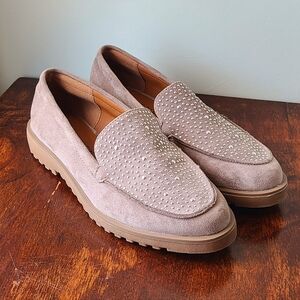 Anne Klein Tan Suede Loafers with Studded Detail